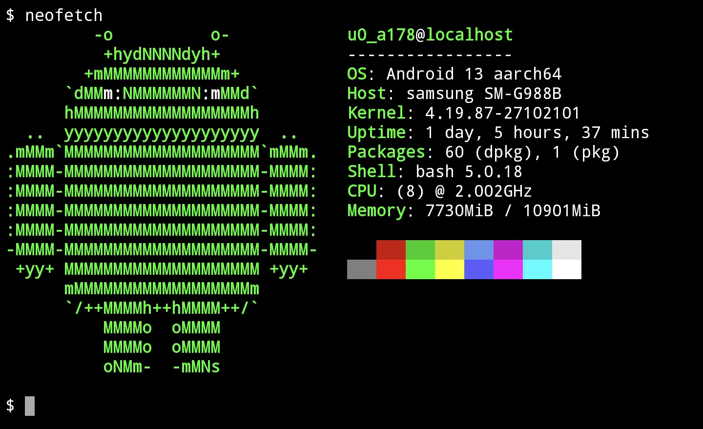 Termux terminal on a Samsung Galaxy phone with Android 13 showing neofetch output with 8 CPU cores and aarch64